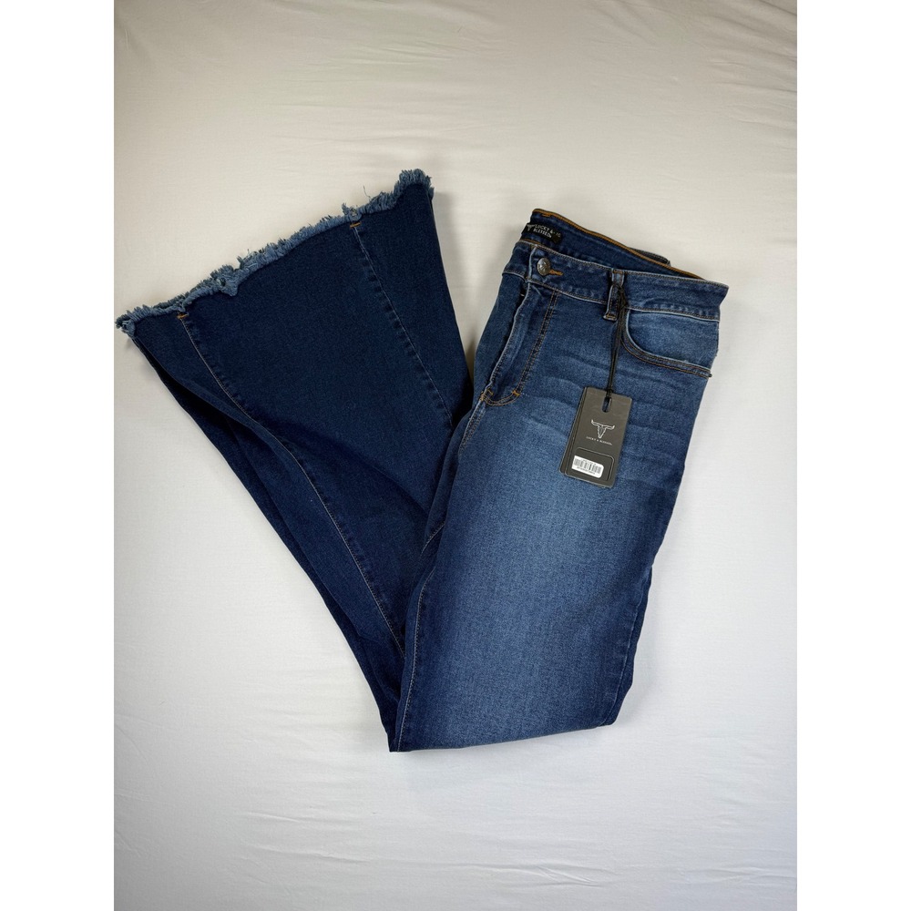 NEW Lucky & Blessed Women Blue Flare Bell Bottom Jeans Raw Hem Size 16